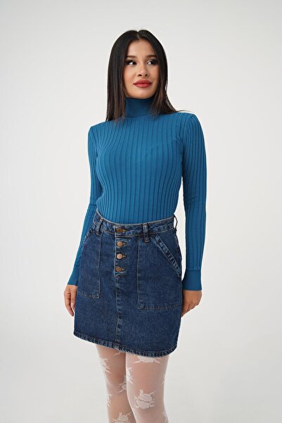 Hipo Trend Πλεκτό πουλόβερ με ζιβάγκο Petrol Blue κοτλέ - Ελαστικό