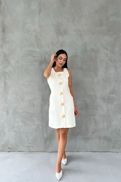 Seda Yalçın Atelier Gold Detailed Ecru Short Dress - with Big Button Accessories