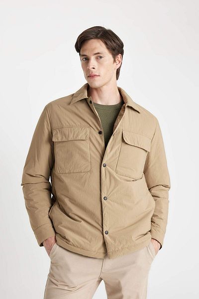 DeFacto Men's Beige Water Repellent Slim Fit Slim Fit Shirt Collar Snap Closure Puffer Coat with Pockets D1230Ax24Wn