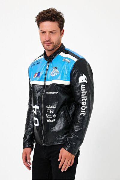 Black Level Чоловічий оверсайз шкіряний куртка-бомбер з принтом і блискавкою