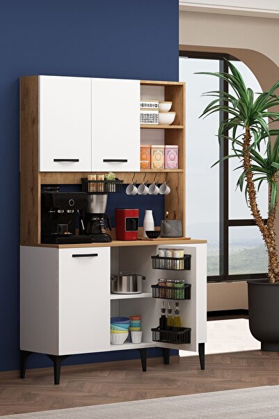 Avmpark Riva 4 Sepet Raflı Sepet Beyaz Çok Amaçlı 3 Kapaklı Bardak Askılı Kahve Köşesi