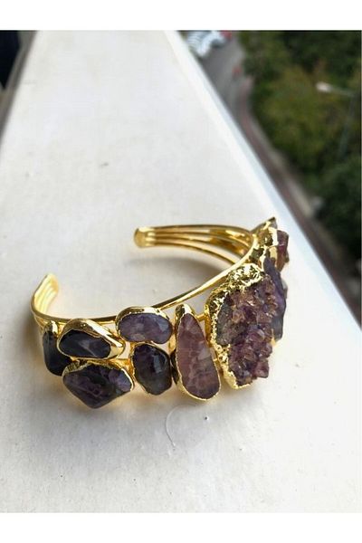TÜKKAN ACCESSORİES Raw Amethyst Stone - Natural Stone Gold Plated Bracelet - Natural Stone