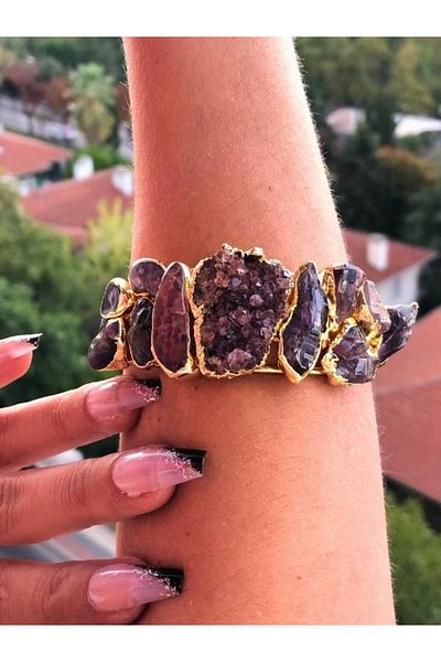 TÜKKAN ACCESSORİES Raw Amethyst Stone - Natural Stone Gold Plated Bracelet - Natural Stone