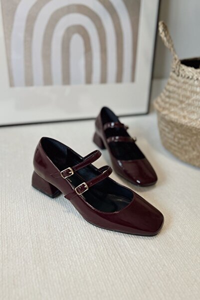 POLKA STORE Claret Red Patent Leather Mary Jane - Closed Back, Double Strap Square Toe Low Block Heel Shoes, Cherry Red