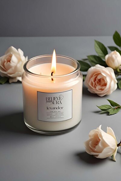 Believe Your Aura Lavanta Kokulu Kavanoz Mum - %100 Doğal Soya Mumu Ahşap Kap...