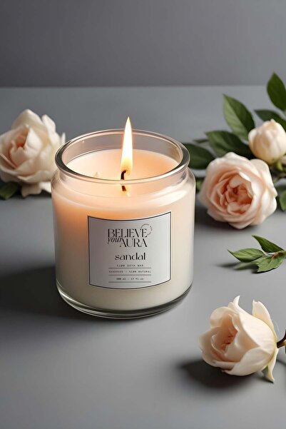 Believe Your Aura Sandal Ağacı Kokulu Kavanoz Mum - Doğal Soya Mumu Ahşap Kap...