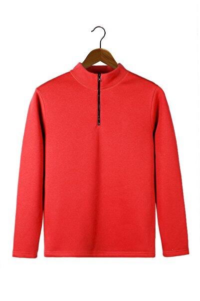 Terapi Men Erkek Açık Kırmızı Yarım Fermuarlı Basic Düz Sweatshirt