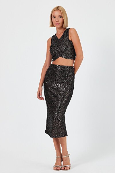 soBasic Комплект от две части - медно оцветена къса блуза и пола - цип на гърба, цепка