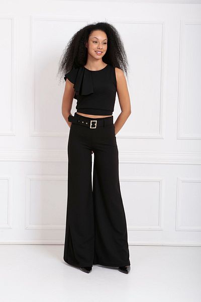 Sense Flared Leg Scuba Crepe Trousers with Side Fabric Covering Belt| Pnt33393 Black