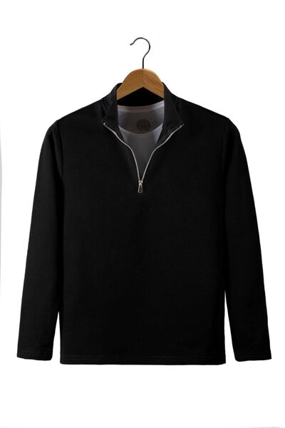 ADEGO Erkek Siyah Yarım Fermuarlı Basic Düz Sweatshirt