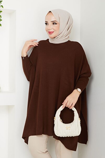 MODAMERSİ Brown Oversize Slit Knitwear Women's Sweater