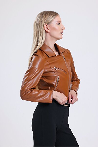 Sense Zipper Detailed Faux Leather Biker Coat| CKT34499 Tan