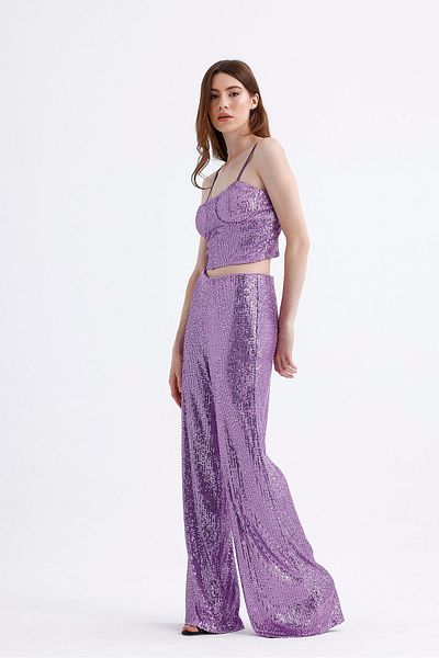 Sense Lined Elastic Waist Sequin Evening Dress Trousers |   Pnt35233 Lıla
