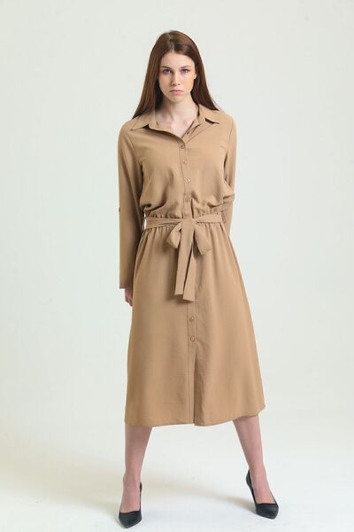 Sense Φόρεμα Polo Neck με κουμπιά μπροστά και ζώνη μακρυμάνικο Aerobin |   Elb33577 Βιζόν