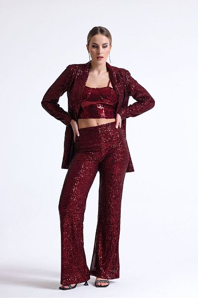 Sense Elastic Waist Sequin Evening Dress Trousers| Pnt35233 Claret Red