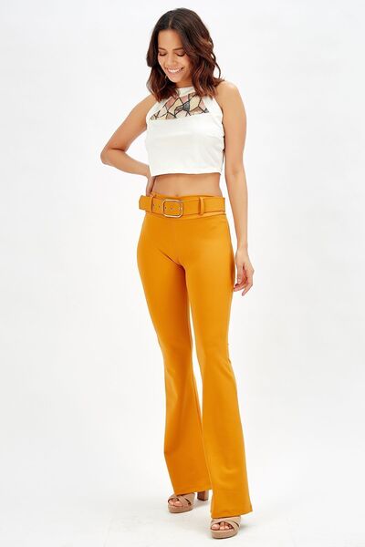 Sense Saffron Colored Knitted Trousers with Spanish Leg Belt - Pnt32439