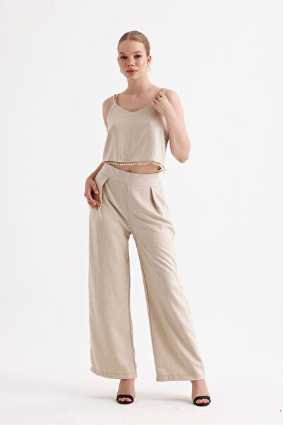 Sense Beige Blouse and Trousers Set - Pearl Detail, Tkm35863