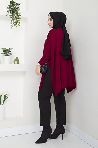 MODAMERSİ Claret Red Hijab Knitwear Oversize Slit Women's Sweater