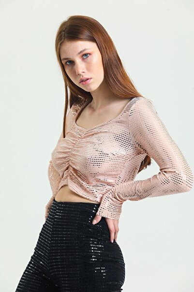 Sense Μακρυμάνικη μπλούζα με λαστιχένια παγιέτα μπροστά Blz34189 Salmon