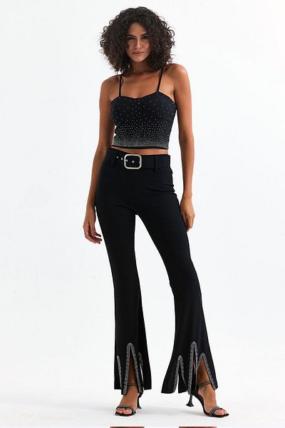 Sense Belted Stone Detailed Evening Dress Trousers| Pnt35061 Black