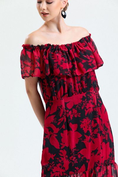 Sense Red Black Chiffon Dress - Flounce and Lined, Sleeveless| Elb34301