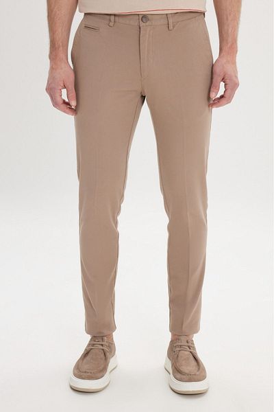 AC&Co / Altınyıldız Classics Μπεζ Slim Fit Πλαϊνές τσέπες Ευέλικτο ανδρικό παντελόνι Dobby