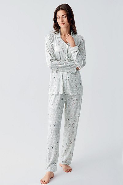 Artış Flexible Viscose Pajama Set - Long Sleeve and Patterned Buttoned