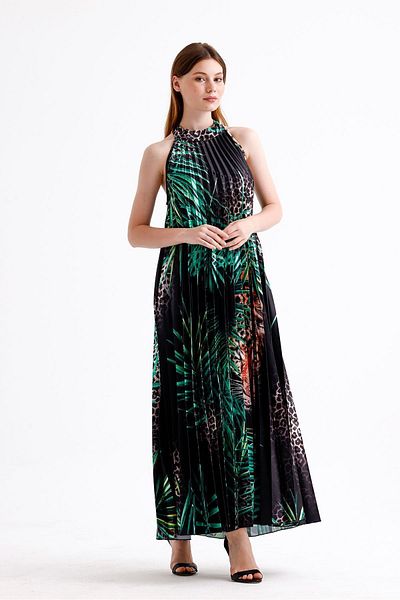Sense Pleated Satin Dress - Halter Neck, Digital Print, Sleeveless - Black Tiger Pattern |   Elb34513