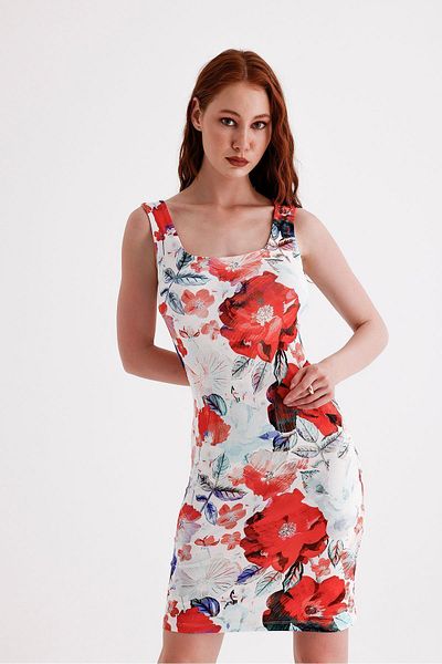 Sense Mini Viscose Dress with Red Roses - Sleeveless and Lycra, Printed ELB35735