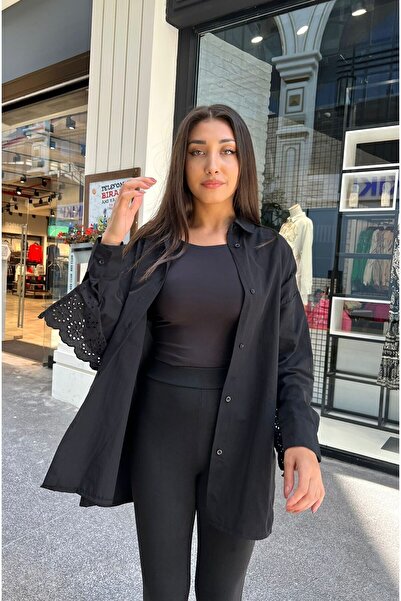 Qaju Cămașă neagră oversize pentru femei - Detaliu feston pe spate