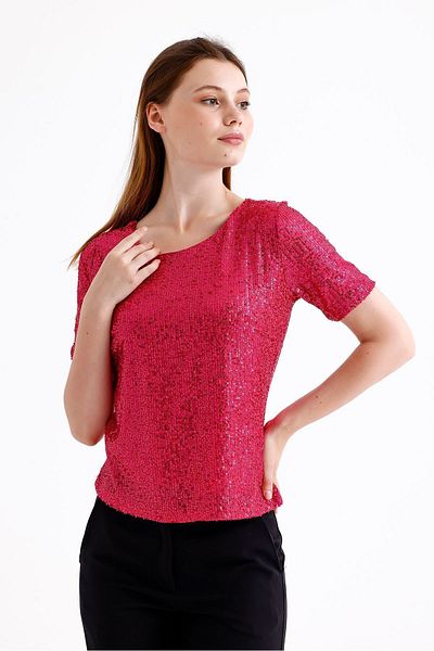Sense Fuchsia Short Sleeve Sequined Evening Dress Blouse - Blz35540