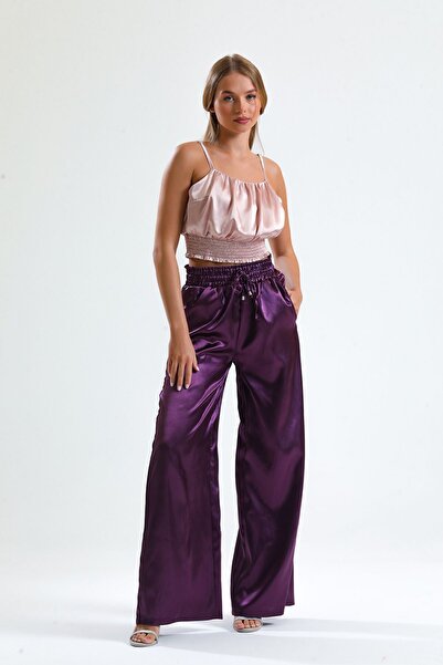 Sense Gipe Detailed Pocketed Wide Leg Satin Trousers| Pnt34217 Purple