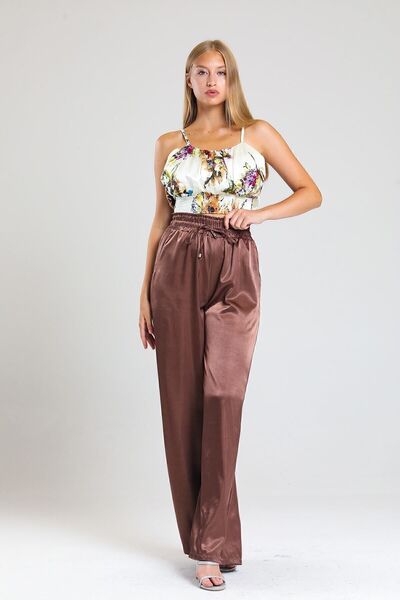 Sense Gipe Detailed Pocketed Wide Leg Satin Trousers| Pnt34217 Milk Coffee