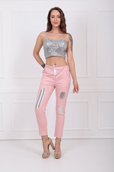 Sense Laced Side Sequin and Patched Trousers Pnt32061 Powder