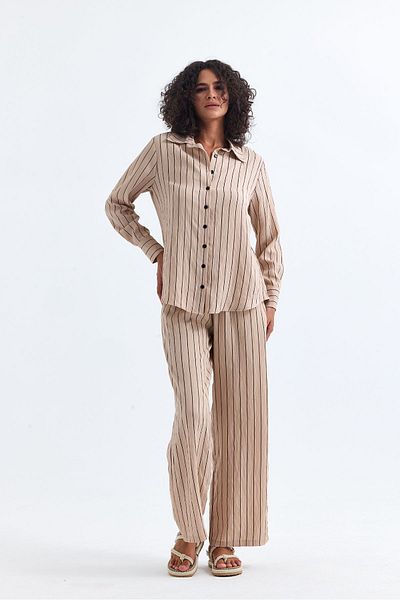 Sense Viscose Thin Striped Women's Shirt and Pants Set - Beige Tkm35466