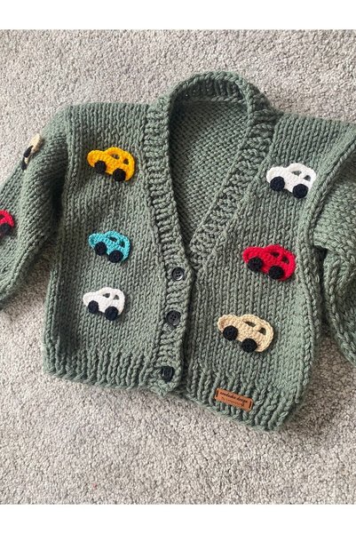NEVALİN Hand Knitted Boy's Cardigan with Car Detail