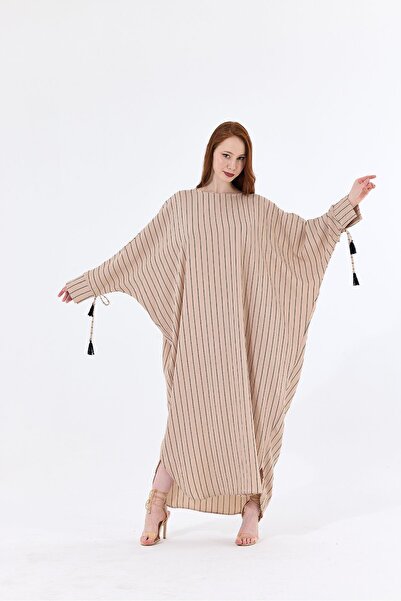 Sense Κιμονό βισκόζης μπεζ ριγέ - με μανσέτες και φούντες με κορδόνι KMN35613