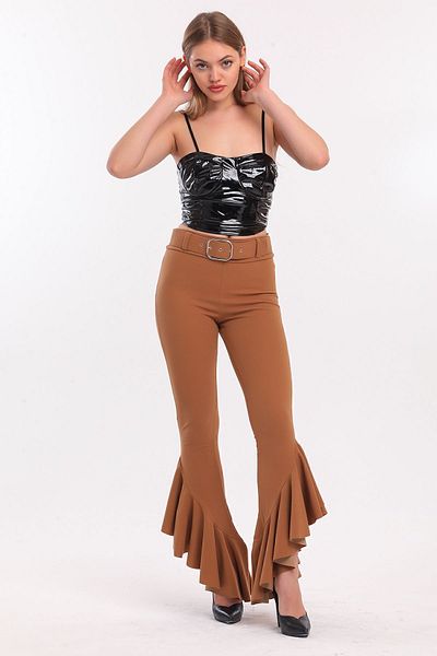 Sense Pantaloni spanioli Pasha de culoare șofran - țesătură tricotată cu volane, picioare și talie elastică Pnt32438