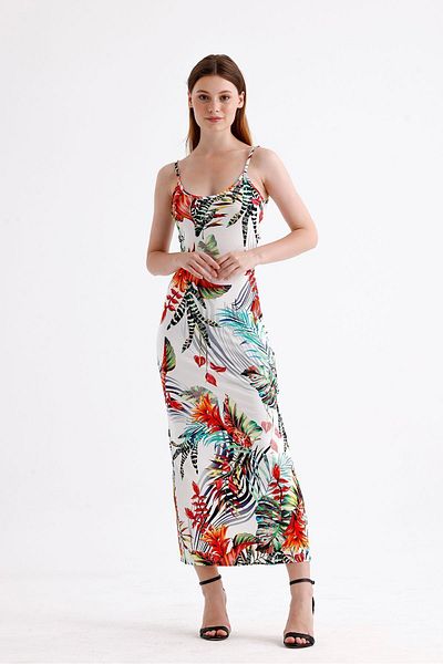 Sense Floral Patterned Lycra Viscose Dress - Slit and Strap Detail ELB35782