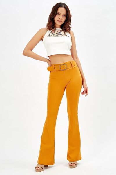 Sense Saffron Colored Knitted Trousers with Spanish Leg Belt - Pnt32439