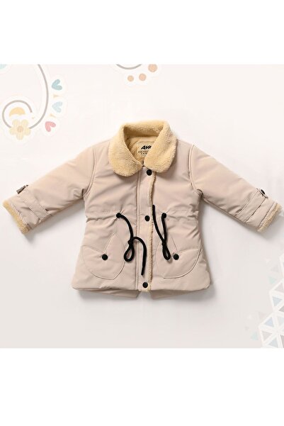 Go Veform Beige Nova Kids Coat - Baby Girl with Fur Inside and Collar Avm2300