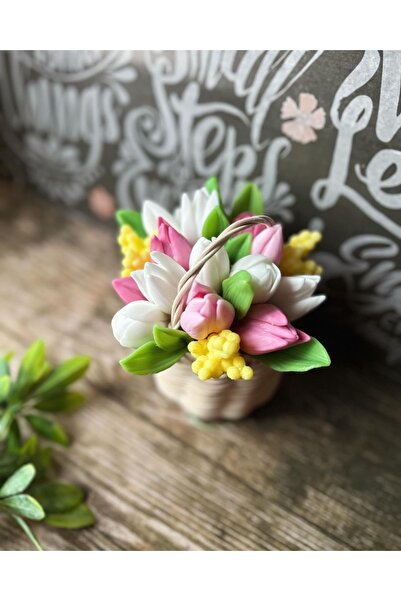 Şirin Bamboo White Pink Tulip Basket Handmade Scented Soap