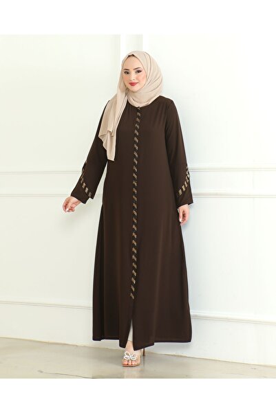 ISTANBUL STYLES Μεγάλο μέγεθος Laser Stone Crepe Ferace - με λωρίδες πέτρας και λεπτομέρεια από το μανίκι