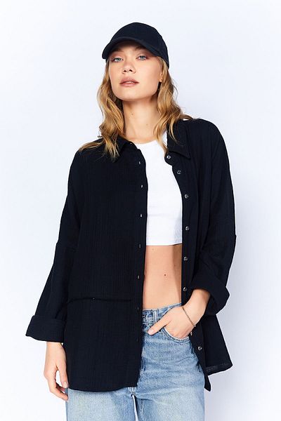 EDITION Black Muslin Oversize Basic Shirt - Long Washed, Segmented Comfortable Cut| Edi100166905-6905