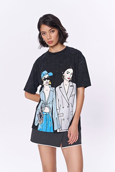 Quzu Γυναικείο T-Shirt σε χρώμα ανθρακί - εμπριμέ