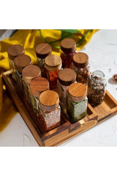 Atbyhome 12 Pieces Glass Spice Jar Set with Acacia Lid - 120 ml 16 Pieces with Label Gift