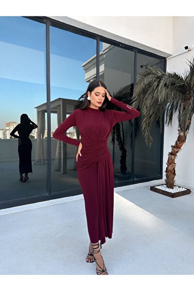 ESRAHELVACI Claret Red Basic Draped Dress