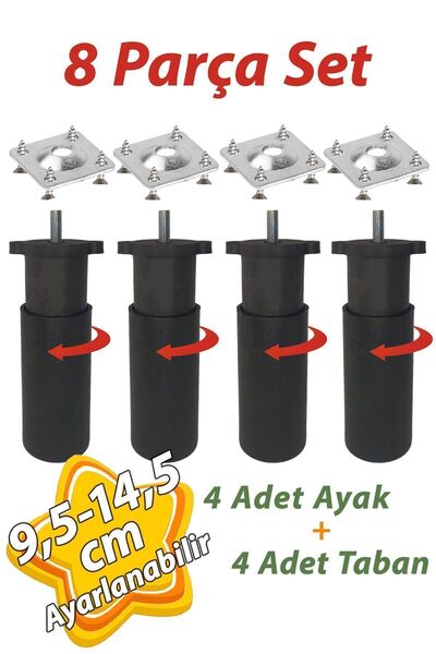 GLASWEN 4 Adet Destek Ayağı 9,5-14,5 cm Siyah ve 4 Adet Metal Düz Ayak Tabanı...