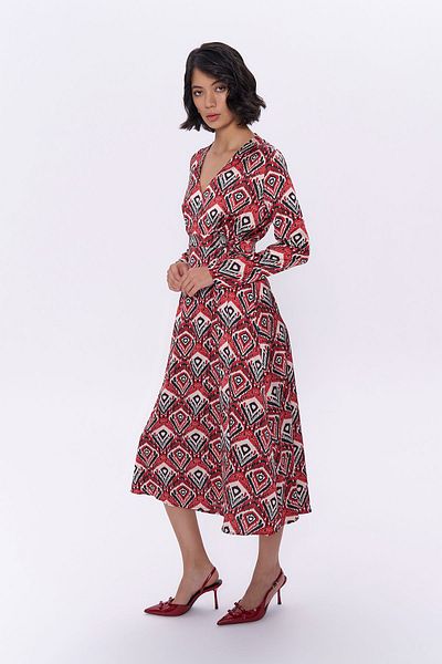 Quzu Red Patterned Long Dress - Belted Waist