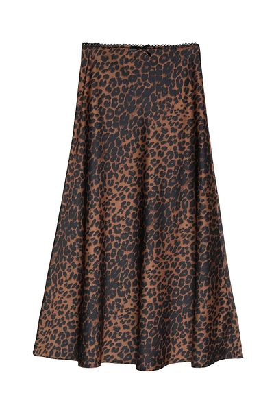 Quzu Brown Satin Midi Skirt - Leopard Pattern